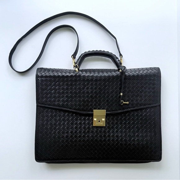 Vintage Handbags - Vintage Florence Leather School / Scuola Del Cuoio Black Woven Leather Briefcase